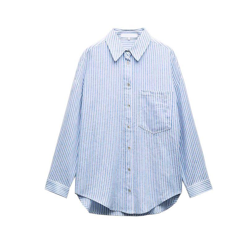 Spring and Summer New Western Style Elegant All-Match Loose Lapel Linen Blend Stripe Shirts 4387054