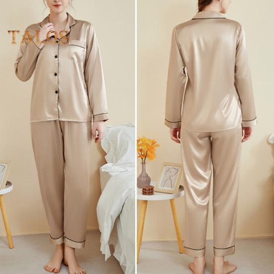 2-teiliges Pyjama-Set aus Satin, einreihig, Strickjacke, V-Ausschnitt, Reverskragen, einfarbiges Hemd, weite Hose, lockere Hose, Nachtwäsche