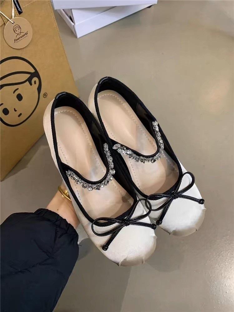 Inner Heightening Ballet Shoes Women's Flat Bow Rhinestone Mary Jane Shoes One-word Strap Shoes
