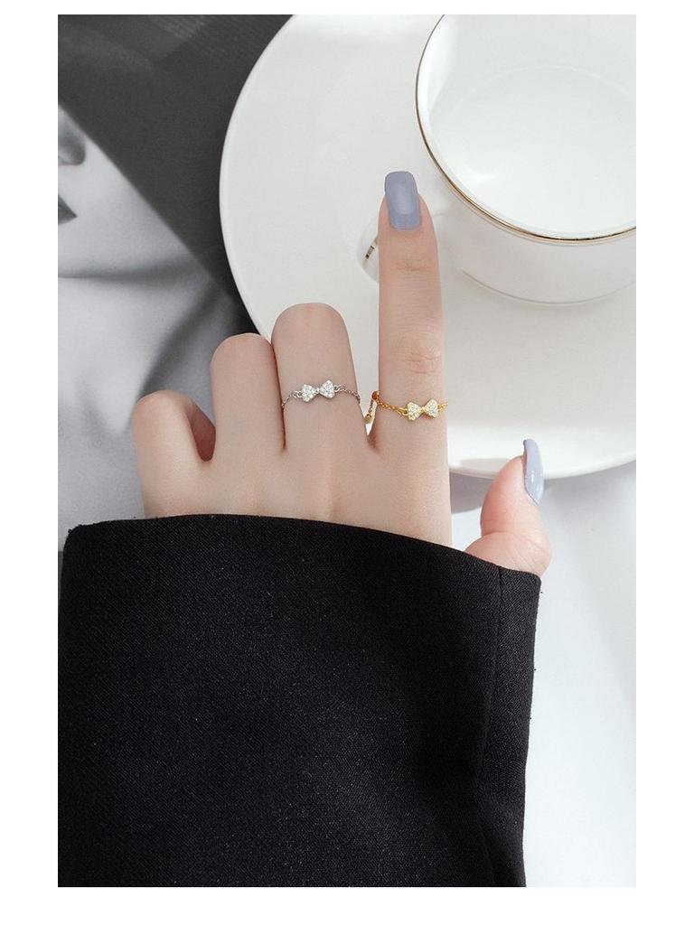 925 Sterling Silver Adjustable Bow Chain Ring for Women - Light Luxury, Niche Cold Style.
