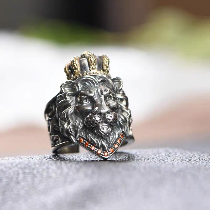 Open Ring Real Silver Retro Handmade Crown Lion Rings For Man Woman S925 Sterling Silver Lion Head Open Ring Fine Jewelry Gift