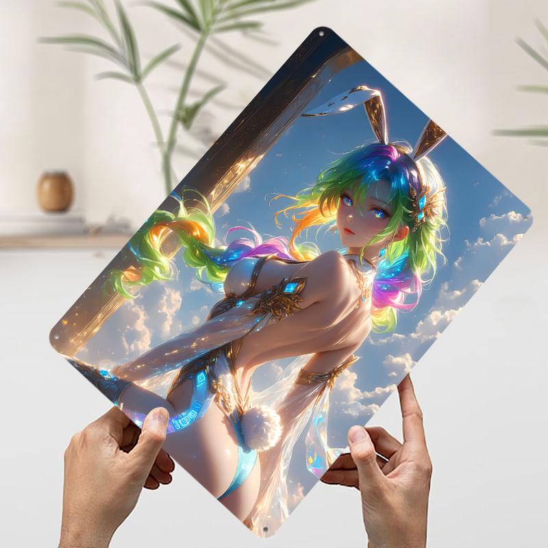 Anime Girl With Rainbow Hair Tinplate Poster Customized Wall Art Vintage Retro Metal Signs for Decoration At Home Office Decor
