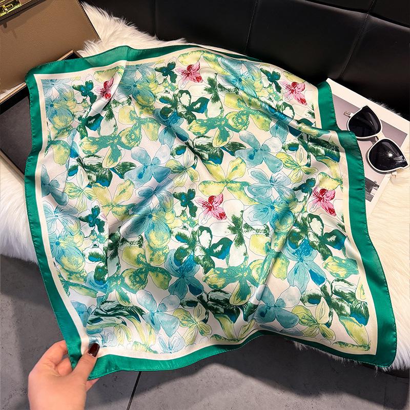 French Light Luxury Floral Small Square Scarf Simulation Silk Printing Silk Scarf Headscarf Women's Spring and Summer Scarf Temperament Scarf Scarf N