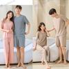 Couple Ice Silk Pajamas Set Summer Women Round Neck Short Sleeve Long Pants Men Shorts Seamless Homewear