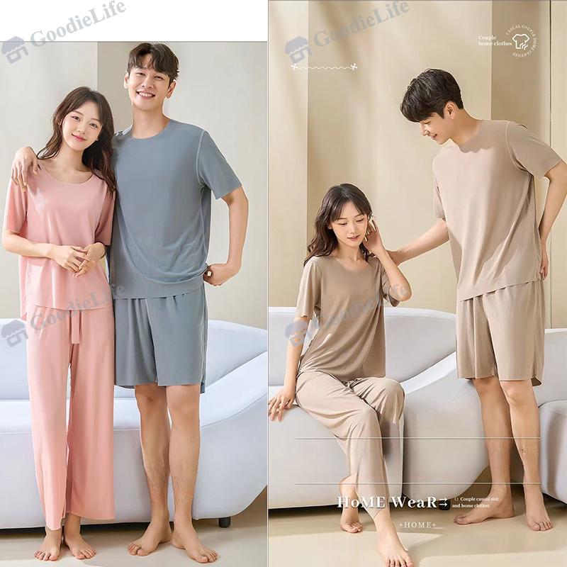 Couple Ice Silk Pajamas Set Summer Women Round Neck Short Sleeve Long Pants Men Shorts Seamless Homewear