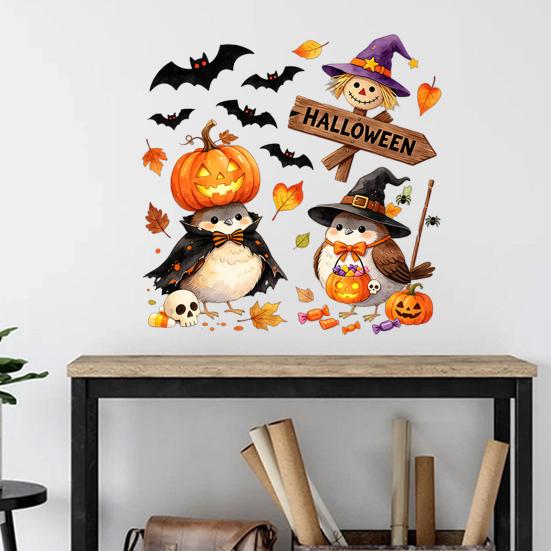 Removable Holiday Wall Art Cartoon Halloween Sticker, Self Adhesive PVC Decal, Wizard Pumpkin Bat Decals Birds Scarecrows Jack-o-lanterns Pattern