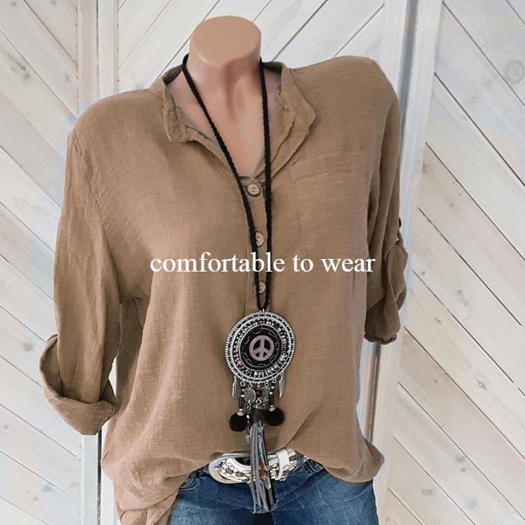 Spring Autumn Women Solid Color Button V Neck Cotton Linen Blouse Cotton Linen Plus Size Pocket Tops