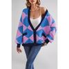 Winter hot sale V-neck rhombus splicing contrasting color loose knitted cardigan jacket women