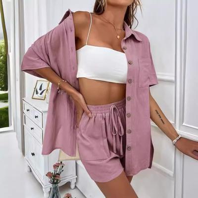 Fashion Shorts,Two Piece Solid Color Shirt Suit,Casual Loose,Short Sleeve Single Breasted Womens Dresses