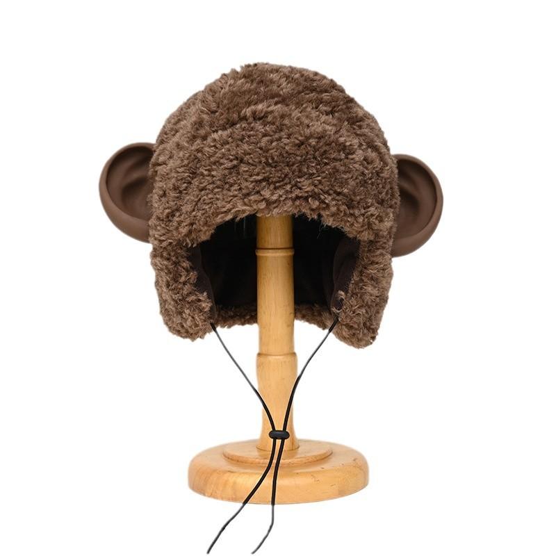 Cute Monkey Ear Hat Men's and Women's Autumn and Winter Warm Plush Hat Youth Imitation Lamb Wool Ear Protector Pullover Hat Tide