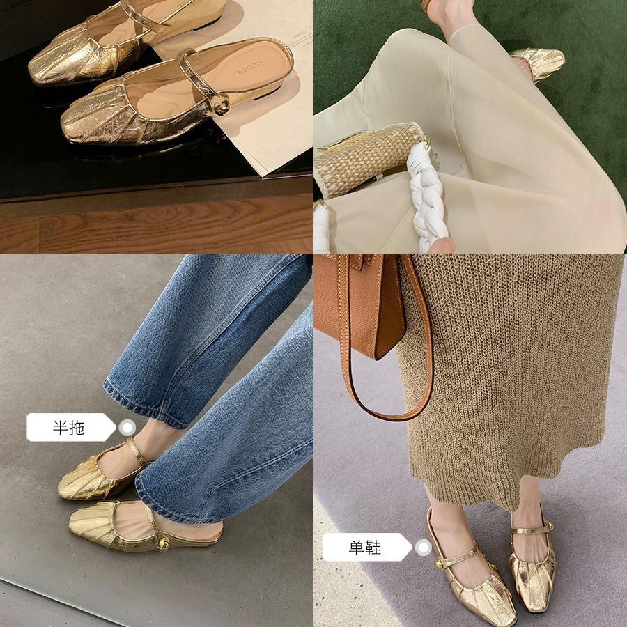 Grape Mother Leather Temperament Small Square Head Folds Word with Shallow Mouth Pearl Mary Jane Bag Head Half Slippers Women's Summer