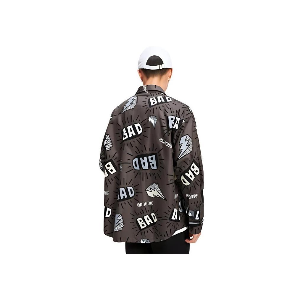 Li-Ning Cartoon Allover-Print Lockerer Schnitt Sport Langarmshirt Herren Hemden Schwarz Grau ASHR079-2