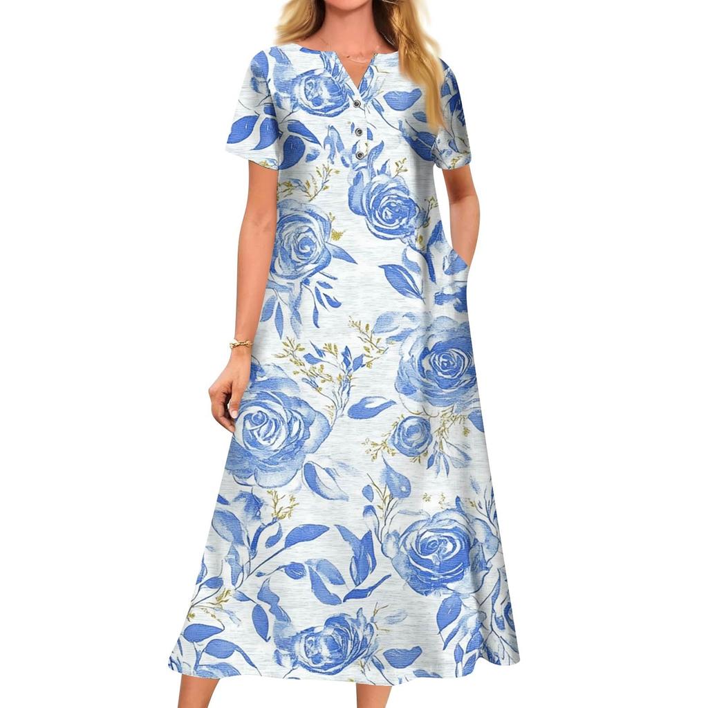 Abito scampanato a maniche corte con scollo a V stampato casual estivo da donna