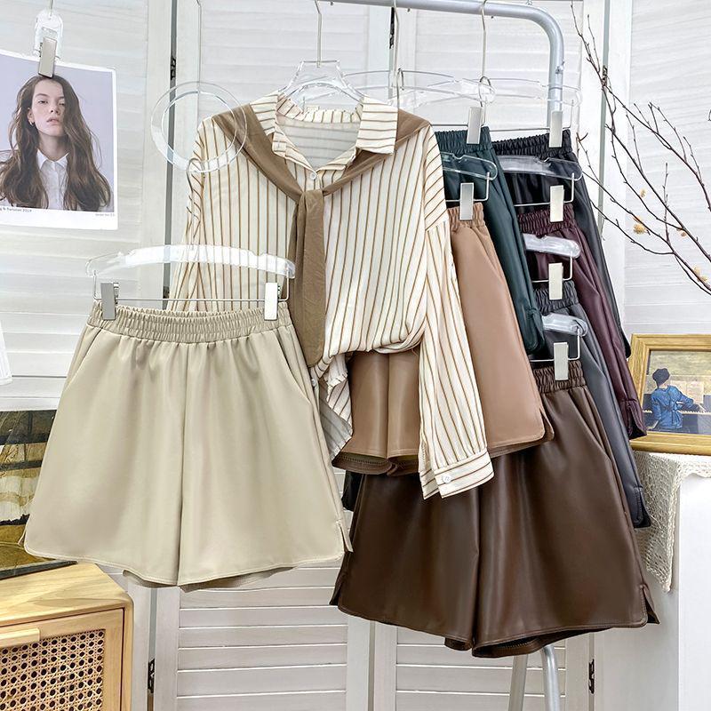 Plus Size Women's Elastic Waist PU Leather Wide Leg Shorts - Fashionable, Slimming, Versatile, with Small Slit