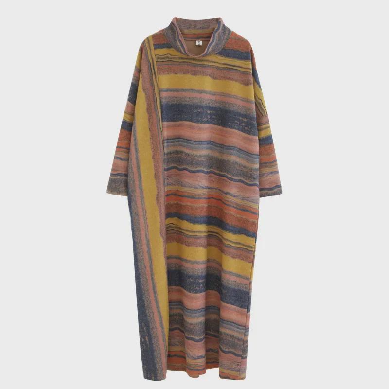 2023 Autumn Korean Style Loose Plus Size Irregular Stripe Long Sleeve Dress