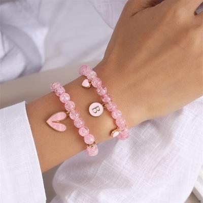2Pcs/set Bohemia Handmade Pink Beaded Bracelets for Women Fashion Love Heart Pendant Bracelets Girls Holiday Jewelry Gift