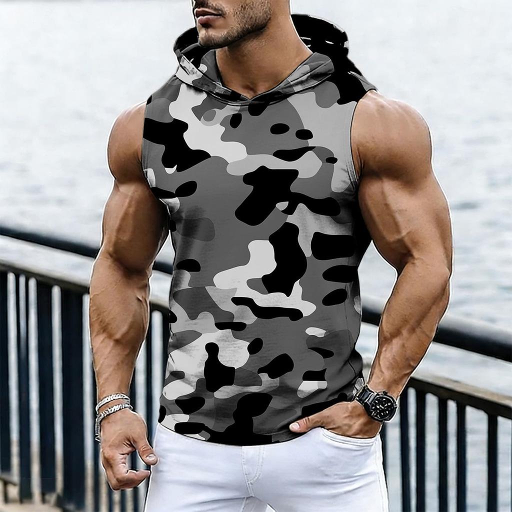 Men's Casual Fashion Printed Sleeveless Hooded Tops | Lightweight Summer Hooded Tank Tops