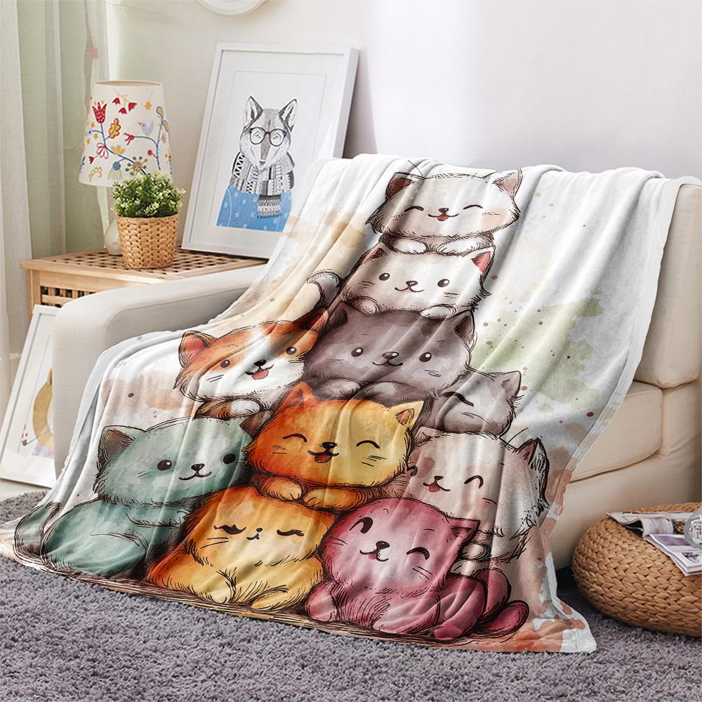 Stacked Cats Print Flannel Blanket, High quality Comfortable for All Seasons, Home Decor, Warmth and Comfort