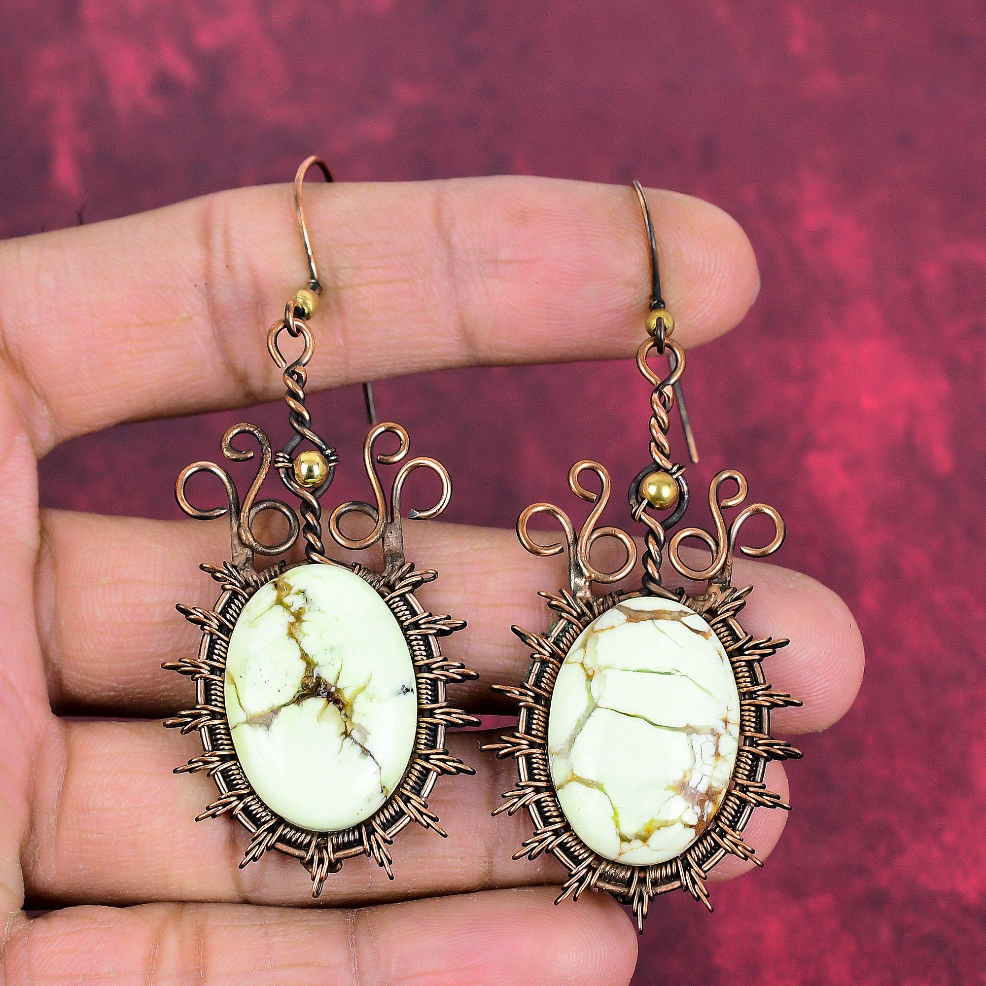 Lemon chrysoprase earring copper wire wrapped earring handmade earring lemon chrysoprase gemstone jewelry gifts for women birthstone earring