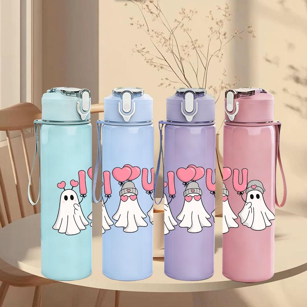 1PC I Love You Two Little Ghost Print 750ml Color Plastic Sports Water Bottle Leakproof Flip Straw Lid Suitable for Sports Office Home Use