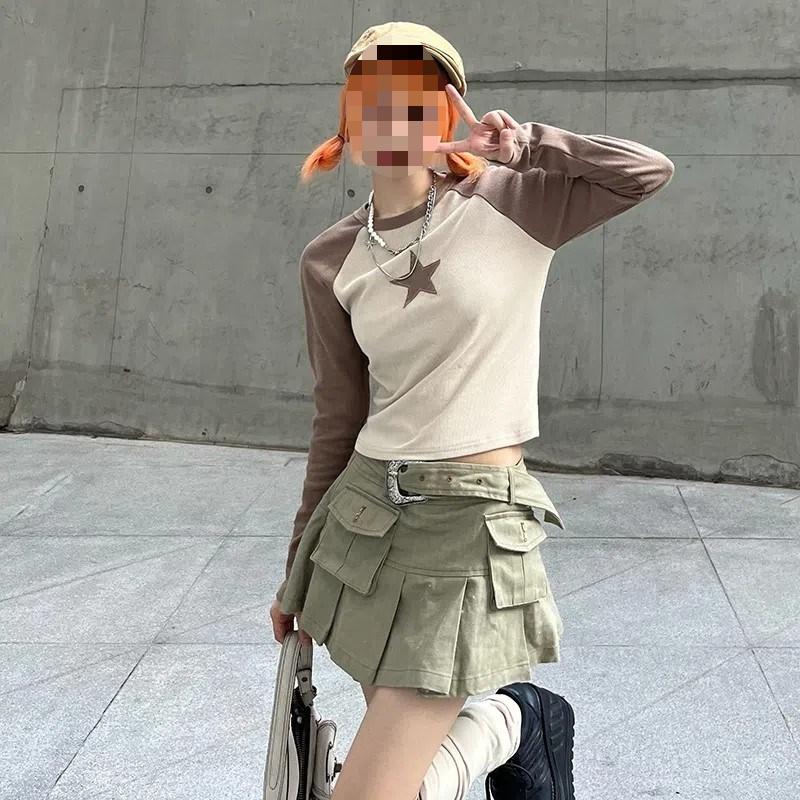 Y2K Star Sticker Street Spicy Girl Personality Top Contrasting Color Round Neck Long Sleeved Women's T-shirt