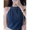 2026 Summer New Large Size French-Style Denim Ruffle Halter Neck Sleeveless Asymmetrical Top for Women in Hong Kong Style