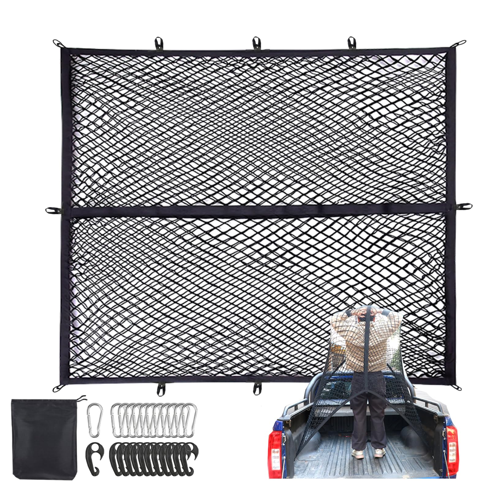 

Misoso Cargo Car Roof Rack for Truck 12 ABS 12 Stainless Steel Storage Pouch Included Net, Beds, 90x120cm, Stretchable, Hooks, Carabiners, (2 Layers)