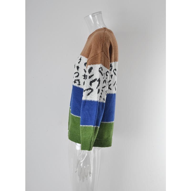 Women's Autumn and Winter Leopard-print Patchwork Knitted Pullover Plus Size Sweater