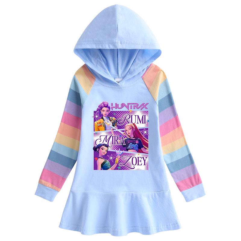 Kpop Demon Hunter Girls' Ruffle Rainbow Hooded Dress - Long Sleeve Princess Style
