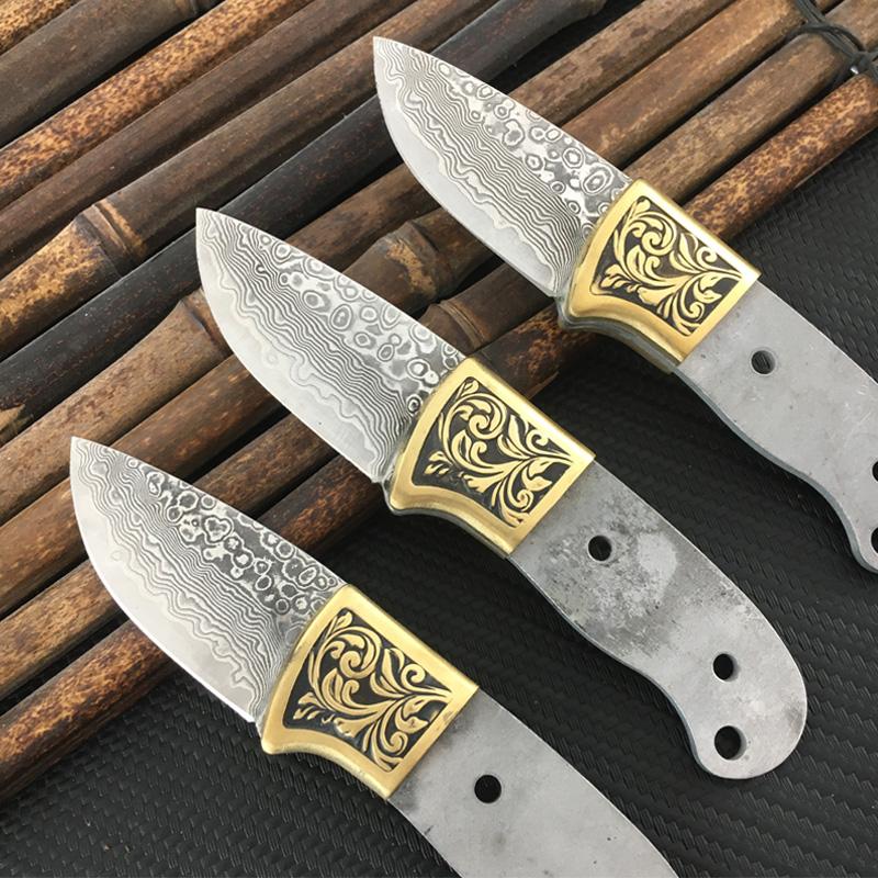 DIY Semi-finished VG10 Damascus Steel Fixed Blade Knife Billets - Edged Blade with Copper Umbrella Hole