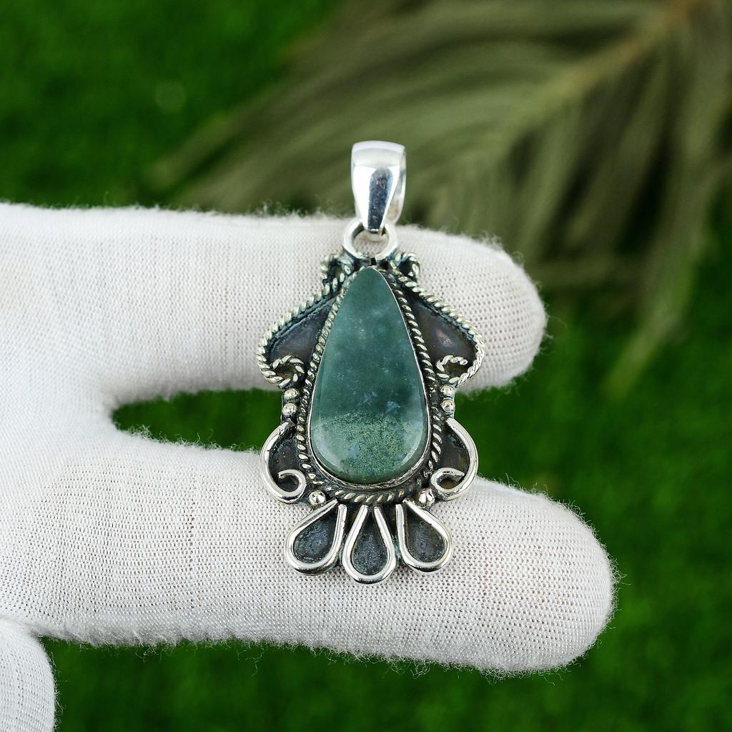 Pear Solar Moss Agate Stone Bezel Boho Mother Wedding Pendant Sterling Silver