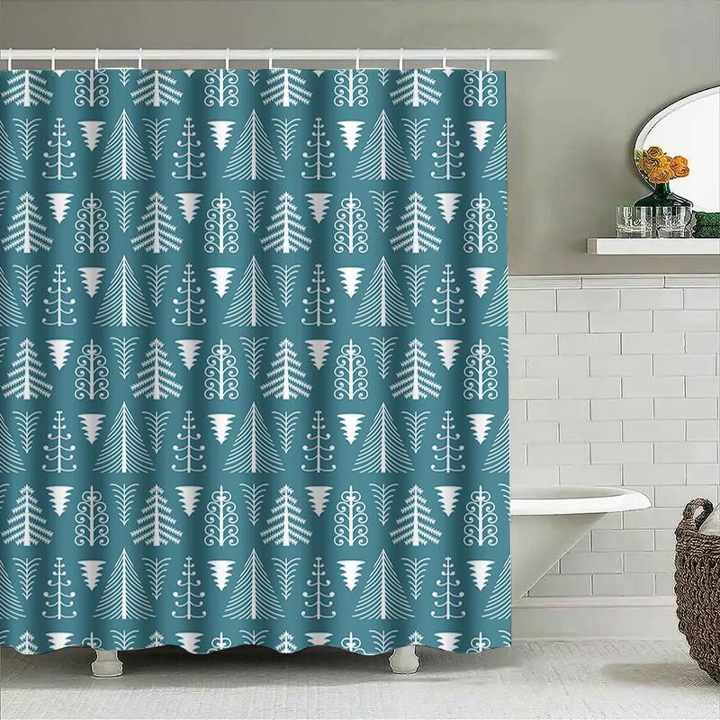Blue Christmas Tree Shower Curtain Set Waterproof Washable Modern Decorative Polyester Fabric 180X245Cm (71X96)