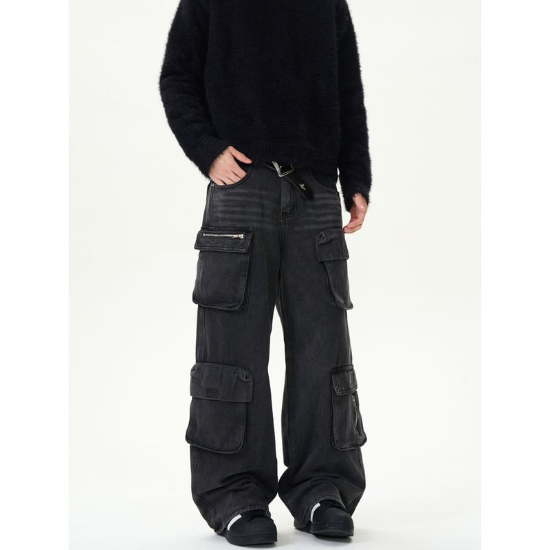 Kisko American Retro Heavy-Duty Multi-Pocket High-Waisted Workwear Jeans Unisex Loose Straight-Leg Distressed Pants Trendy