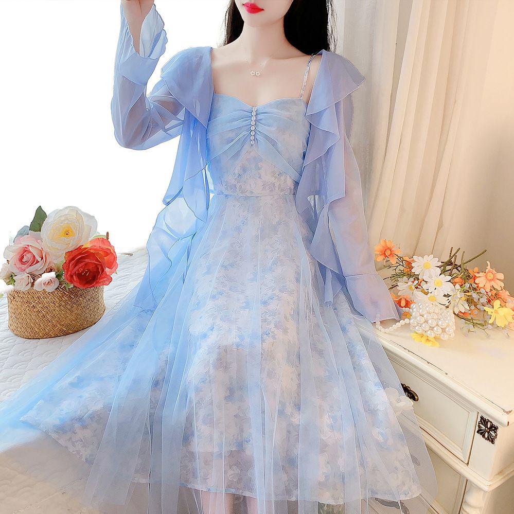 Fairy Forest Lace Floral Spaghetti Strap Summer 2026 Women's Two-Piece Beach Vacation Dress