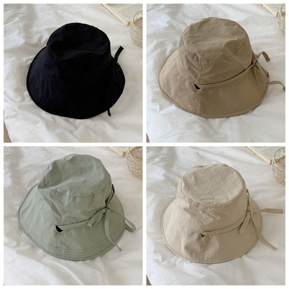 Wide Brim Bow Bucket Hat Solid Color Summer Sun Hat Simple Sunscreen Fisherman Hat  Camping