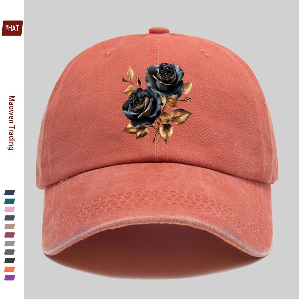 pc Baseball Cap with Black and Golden Rose Print Suitable for Spring and Summer Comfortable and Lightweight Decorative Hat A
