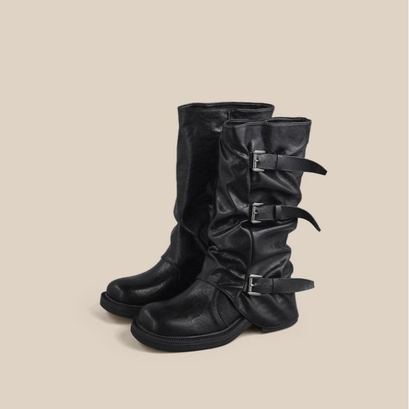 2025 Autumn and Winter New Retro Belt Buckle Western Cow Boots Wrinkled Boots Thick Heel Trouser Tube Boots Knight Boots Spice Girl Boots