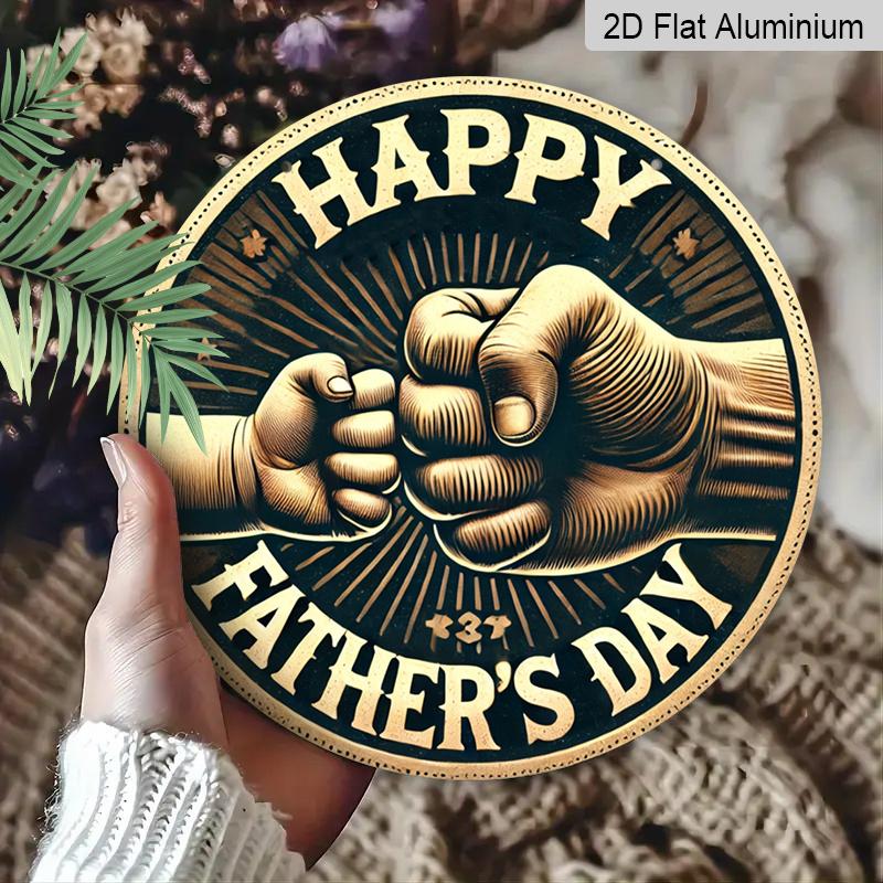 2D Flat, 1pc Round Aluminum Happy Father's Day Sign, Vintage Fist Bump Dad & Child Design, Retro Gold & Black Wall Decor, Waterproof & Durable