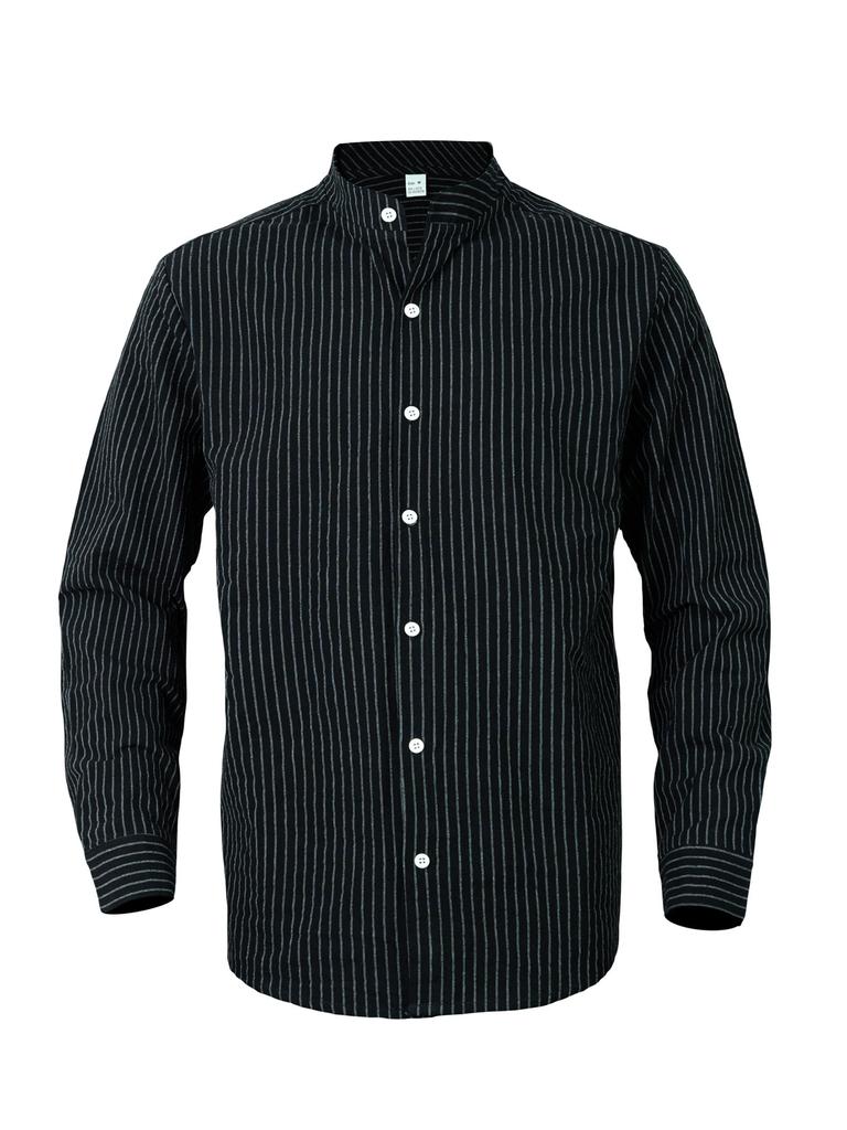 Men Striped Long Sleeve Stand Collar Casual Business Linen Shirt