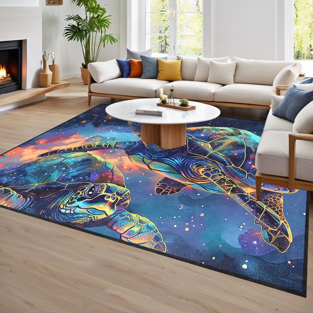 Galaxy Theme Sea Turtle Rug for Kids Bedroom, Animal Print Playroom Carpet, Non-Slip Floor Mat for Children