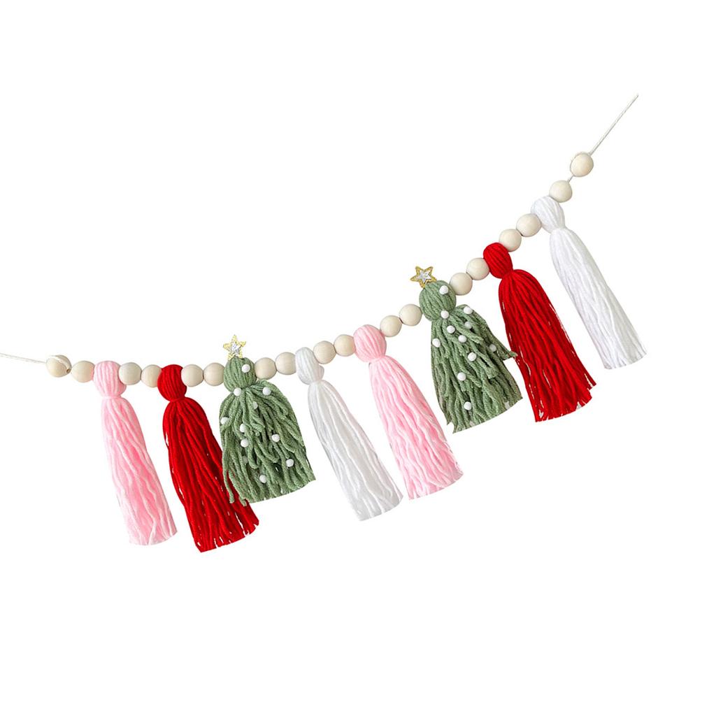 Christmas Hanging Cotton Woolen Tassels Garlands with Wood Beads for Mantel Decorations and Celebration Bunging Banners