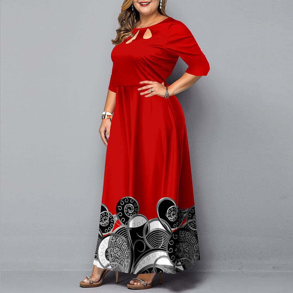 European 2024 Digital Print Pullover Mid-Waist Three-Quarter Sleeve Long Dress