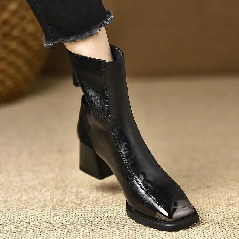 Fashion Women's Fashion Ankle Boots Metal Tip Toe Back Zipper Medium Block Heel Sexy Boots Short Barrel Rubber Sole Leisure Botas Mujer
