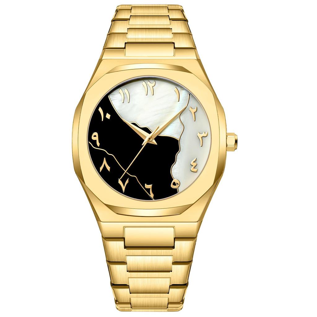 High-End Men's Quartz Watch with Large Dial and Steel Band, featuring Arabic Numerals.