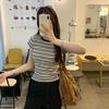 Women's American Retro Color Block Striped T-Shirt - 2025 Korean Style, Versatile Slim Fit, Round Neck