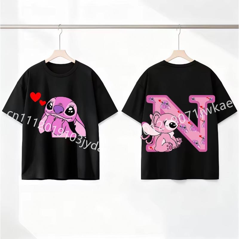 Stitch Angel Letter A-Z Cartoon Black Kids Pink T Shirt Summer Cute Boys and Girls Short-Sleeve Top Casual Breathable Clothing