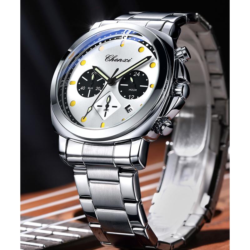 Mens Watch Square Dial Fashion Quartz Wrist Watches Multifunctional Chronograph Waterproof Luminous Gifts Box