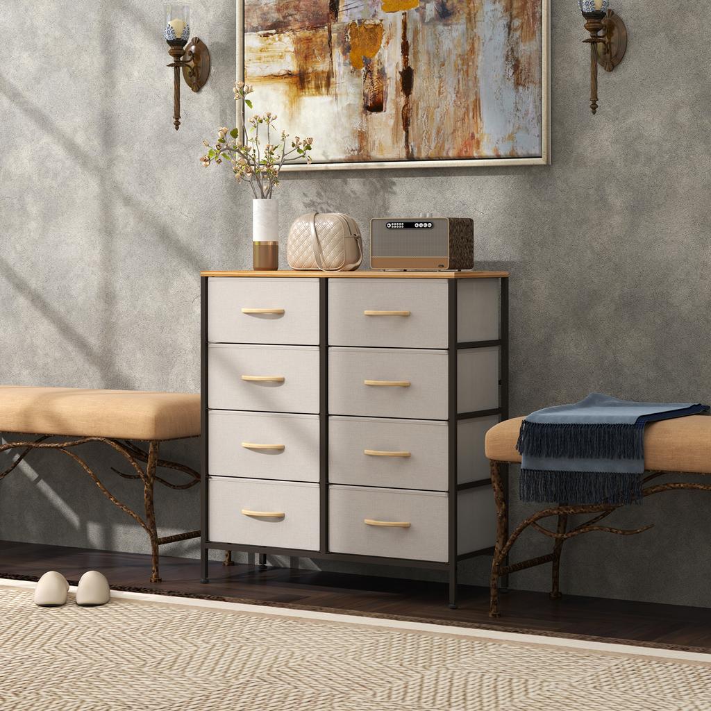 Fabric Chest of Drawers, Industrial Bedroom Dresser with 8 Fabric Drawers, Steel Frame and Wooden Top for Nursery, Living Room, Hallway, Cream White
