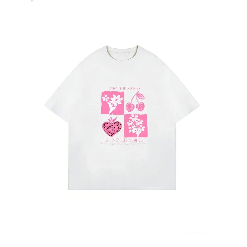Oversized T Shirt Black Summer Vibes Cherry Flower Pattern And Text Graphic Print Casual Streetwear For Women