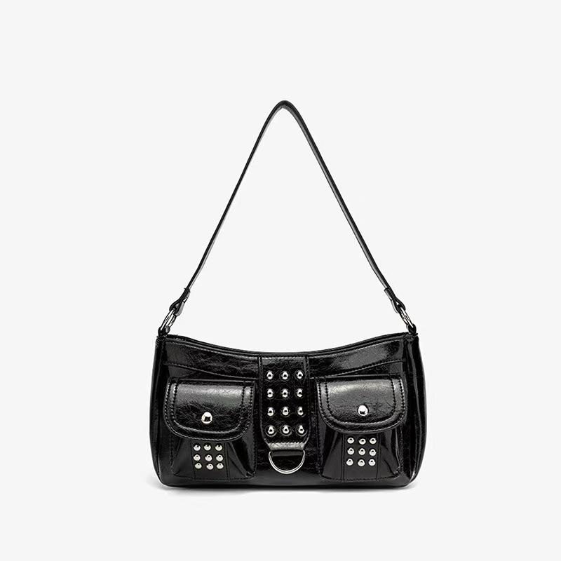 Retro Brown Studded Punk Shoulder Bag: Double Pocket Baguette for the Bold and Stylish